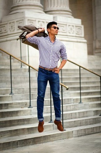 Violettes Langarmhemd mit Vichy-Muster kombinieren – 16 Herren Outfits