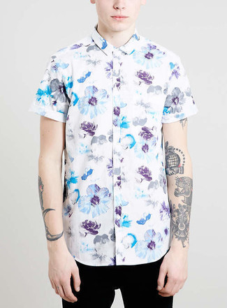 weißes und blaues Kurzarmhemd mit Blumenmuster von Just Cavalli