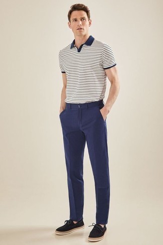 weißes und dunkelblaues horizontal gestreiftes Polohemd von Polo Ralph Lauren