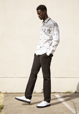 weißes und schwarzes bedrucktes Langarmhemd von Just Cavalli