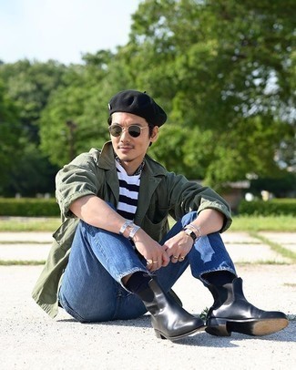 Wie weißes und schwarzes horizontal gestreiftes T-Shirt mit einem Rundhalsausschnitt mit blauer Jeans zu kombinieren – 145 Herren Outfits