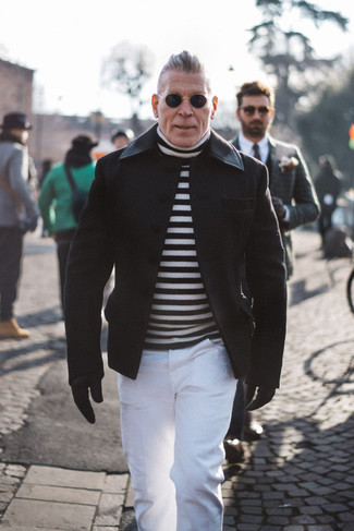 Weißen und schwarzen horizontal gestreiften Rollkragenpullover kombinieren – 27 Herren Outfits
