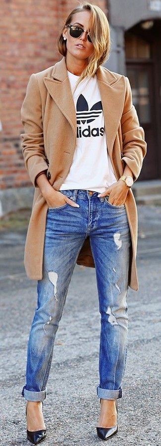 Weißes und blaues bedrucktes T-Shirt mit einem Rundhalsausschnitt kombinieren – 182 Damen Outfits warm Wetter