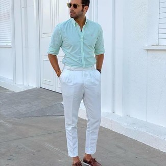 Weißes und grünes vertikal gestreiftes Langarmhemd kombinieren – 35 Herren Outfits