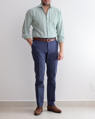 Weißes und grünes vertikal gestreiftes Langarmhemd kombinieren – 35 Herren Outfits