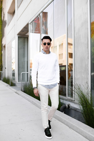 Weißes und dunkelblaues Langarmhemd mit Vichy-Muster kombinieren – 268 Herren Outfits