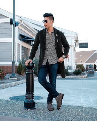 Weißes und dunkelblaues Langarmhemd mit Vichy-Muster kombinieren – 268 Herren Outfits