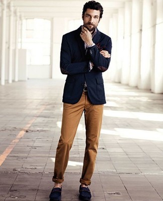 Weißes und dunkelblaues Langarmhemd mit Vichy-Muster kombinieren – 268 Herren Outfits