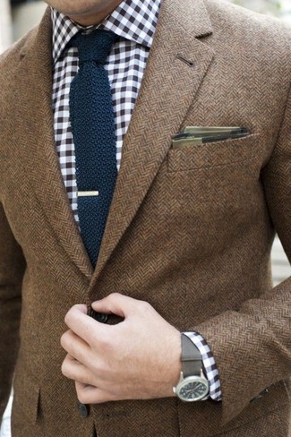 Weißes und dunkelblaues Langarmhemd mit Vichy-Muster kombinieren – 268 Herren Outfits