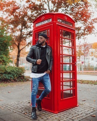 Wie weißes T-Shirt mit einem Rundhalsausschnitt mit schwarzer Lederfreizeitstiefel zu kombinieren – 197 Herren Outfits