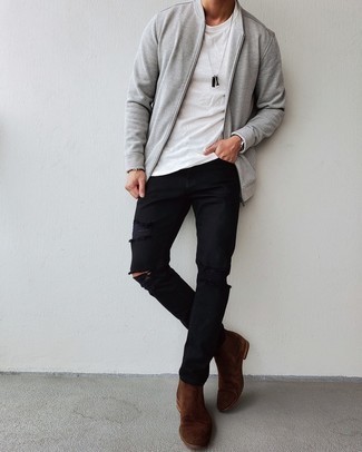 Wie weißes T-Shirt mit einem Rundhalsausschnitt mit schwarzer Jeans mit Destroyed-Effekten zu kombinieren – 206 Herren Outfits