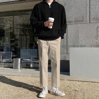 Welche Pullover mit einem Reißverschluss am Kragen mit weißen T-Shirts mit einem Rundhalsausschnitt zu tragen – 69 Herren Outfits