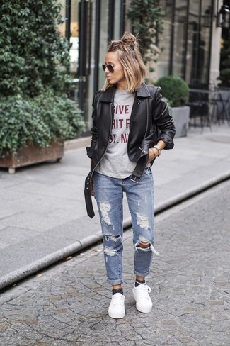 Welche Bikerjacken mit weißer niedriger Sneakers zu tragen – 84 Damen Outfits