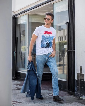 Weißes bedrucktes T-Shirt mit einem Rundhalsausschnitt kombinieren – 1252+ Herren Outfits