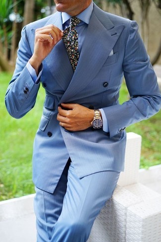 hellblaues Zweireiher-Sakko, hellblaues Businesshemd, hellblaue Anzughose, schwarze Krawatte mit Blumenmuster für Herren