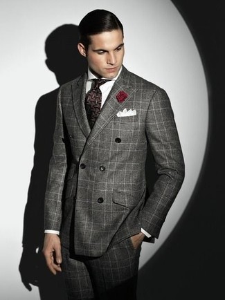 30 Jährige: Wie graue Anzughose mit dunkelgrauen Zweireiher-Sakkos zu kombinieren – 83 Herren Outfits: Machen Sie sich mit einem dunkelgrauen Zweireiher-Sakko und einer grauen Anzughose einen verfeinerten, eleganten Stil zu Nutze.
