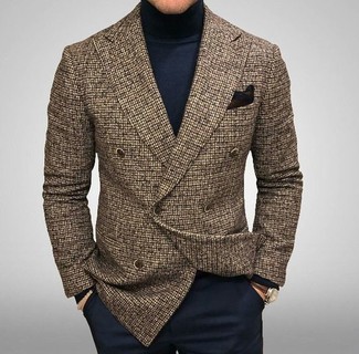 Rotbraunes Sakko mit Karomuster kombinieren – 210 Herren Outfits: Kombinieren Sie ein rotbraunes Sakko mit Karomuster mit einer dunkelblauen Anzughose für eine klassischen und verfeinerte Silhouette.