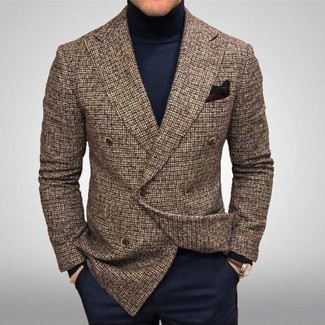 Braunes Wollzweireiher-sakko mit Karomuster kombinieren – 13 Herren Outfits: Tragen Sie ein braunes Wollzweireiher-sakko mit Karomuster und eine dunkelblaue Anzughose für einen stilvollen, eleganten Look.