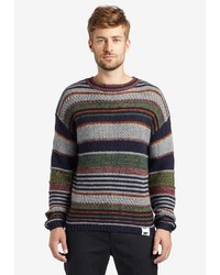 mehrfarbiger horizontal gestreifter Pullover mit einem Rundhalsausschnitt von khujo
