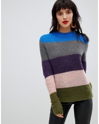 mehrfarbiger horizontal gestreifter Pullover mit einem Rundhalsausschnitt von Pieces