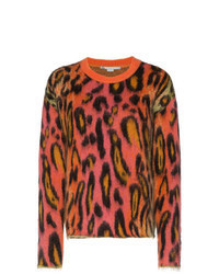 mehrfarbiger Mohair Pullover mit einem Rundhalsausschnitt mit Leopardenmuster