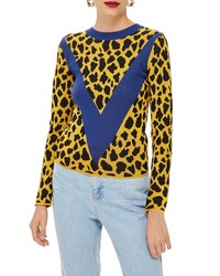 mehrfarbiger Pullover mit einem Rundhalsausschnitt mit Leopardenmuster