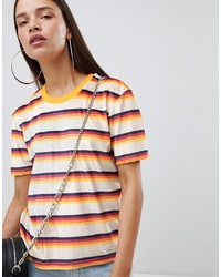 mehrfarbiges horizontal gestreiftes Samt T-Shirt mit einem Rundhalsausschnitt