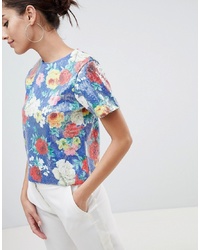 mehrfarbiges Pailletten T-Shirt mit einem Rundhalsausschnitt mit Blumenmuster