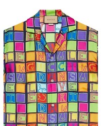 mehrfarbiges Seide Kurzarmhemd mit Karomuster von Gucci
