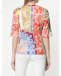 mehrfarbiges T-Shirt mit einem Rundhalsausschnitt mit Blumenmuster von Etro