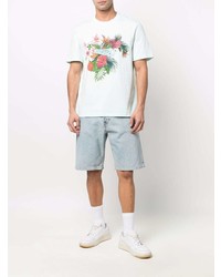 mintgrünes T-Shirt mit einem Rundhalsausschnitt mit Blumenmuster von Golden Goose