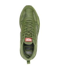 olivgrüne bedruckte Leder niedrige Sneakers von Diesel