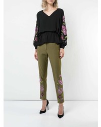 olivgrüne enge Hose mit Blumenmuster von Josie Natori