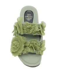 olivgrüne flache Sandalen aus Leder mit Blumenmuster von Suecomma Bonnie