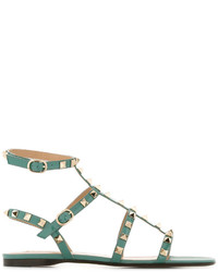 olivgrüne flache Sandalen aus Leder von Valentino Garavani