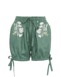 olivgrüne Leinen Shorts mit Blumenmuster