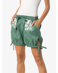 olivgrüne Leinen Shorts mit Blumenmuster von Innika Choo