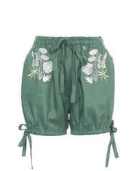 olivgrüne Leinen Shorts mit Blumenmuster von Innika Choo