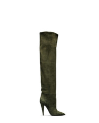 olivgrüne Overknee Stiefel aus Wildleder von Saint Laurent