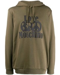 olivgrüner bedruckter Pullover mit einem Kapuze von Love Moschino