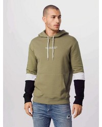 olivgrüner bedruckter Pullover mit einem Kapuze von New Look