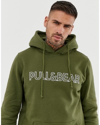 olivgrüner bedruckter Pullover mit einem Kapuze von Pull&Bear
