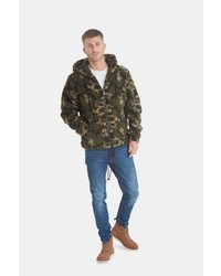 olivgrüner Camouflage Fleece-Pullover mit einem Kapuze von BLEND