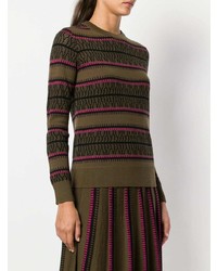 olivgrüner horizontal gestreifter Pullover mit einem Rundhalsausschnitt von Temperley London