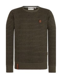 olivgrüner horizontal gestreifter Pullover mit einem Rundhalsausschnitt von Naketano
