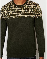 olivgrüner Pullover mit einem Rundhalsausschnitt mit geometrischem Muster von Asos