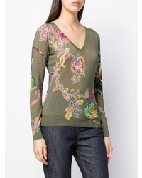 olivgrüner Pullover mit einem V-Ausschnitt mit Blumenmuster von Etro