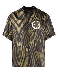 olivgrünes bedrucktes Seide T-Shirt mit einem Rundhalsausschnitt von Roberto Cavalli