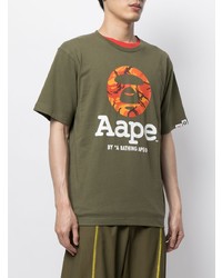 olivgrünes bedrucktes T-Shirt mit einem Rundhalsausschnitt von AAPE BY A BATHING APE