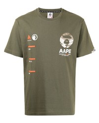 olivgrünes bedrucktes T-Shirt mit einem Rundhalsausschnitt von AAPE BY A BATHING APE